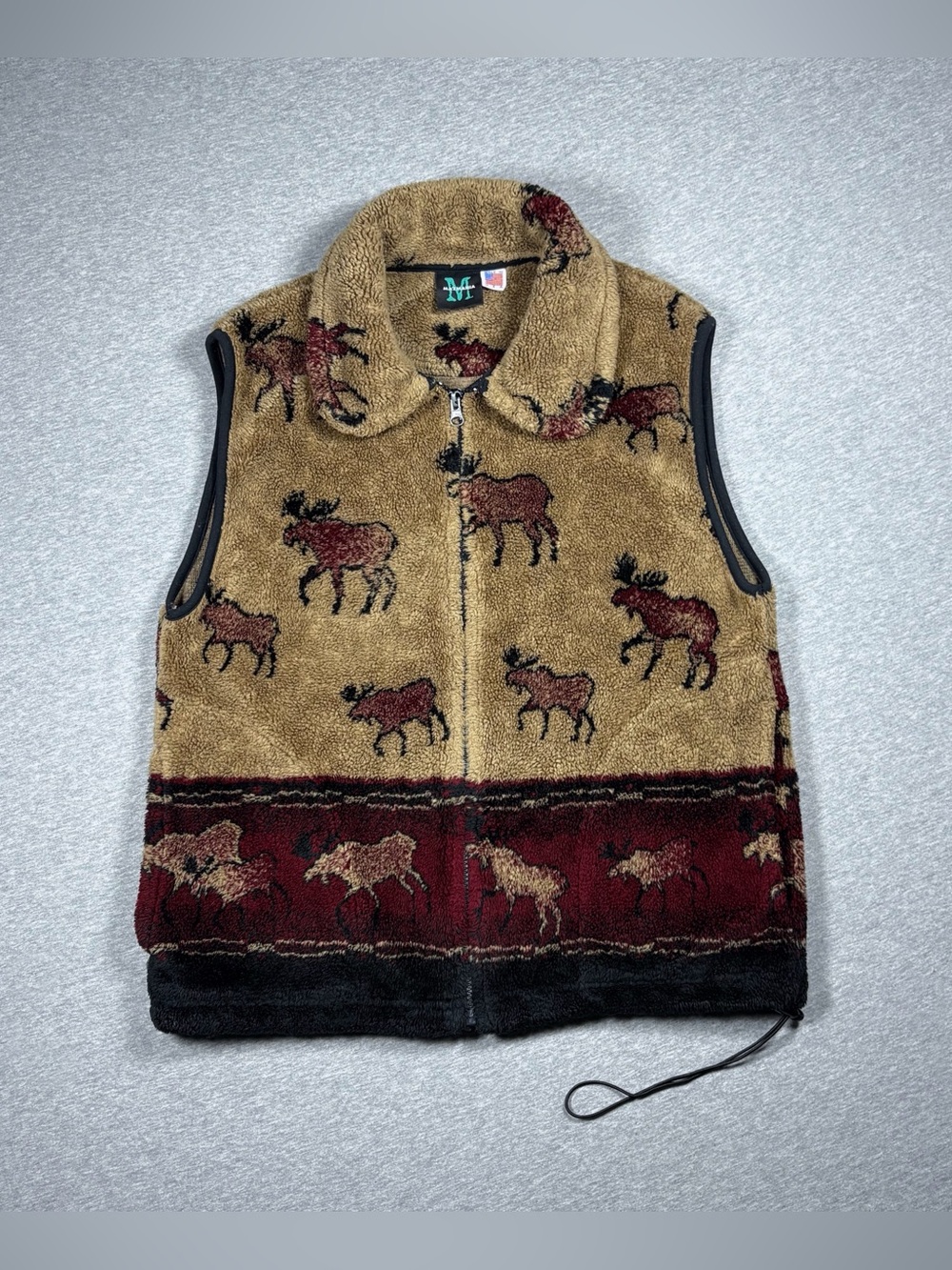 Vintage Mazmania Moose Fleece Vest Women’s L Full Zip USA Made Western Cabincore